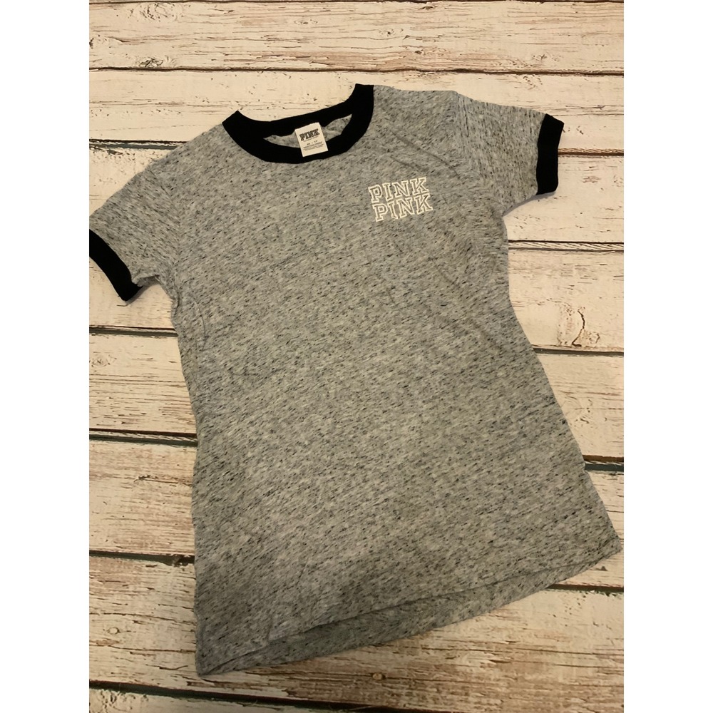 Victoria's Secret PINK Ringer Tee Gray Black Logo Short Sleeve Shirt XS